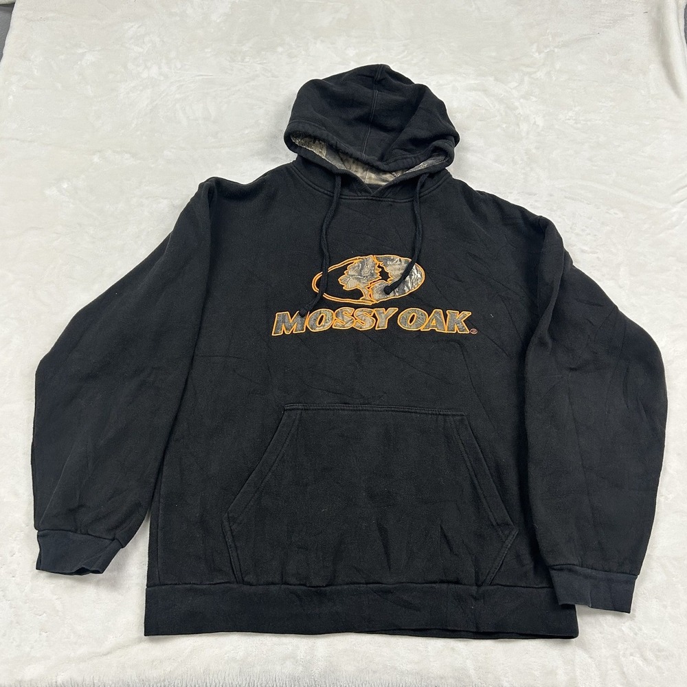 Mossy Oak Hoodie Mens Large Black Camo Logo Embroidered Pullover Sweatshirt